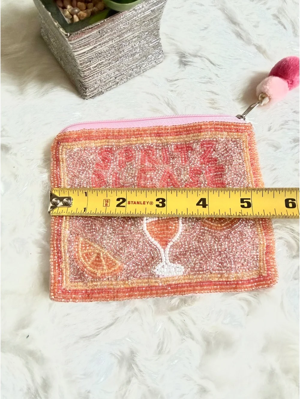 Beaded Pink 'Spritz Please' Cocktail Themed Coin Purse Pouch with Pom Pom Zipper